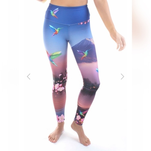 Thirdeyethreads CHERRY BLOSSOMS, HUMMING BIRD MOUNTAIN HIGH COMPRESSION LEGGINGS - Picture 1 of 6